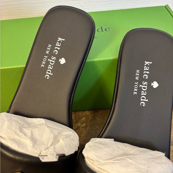 NIB Ladies Kate Spade Kendall Black Slides with Gold Logo Size 7 - Picture 2 of 7